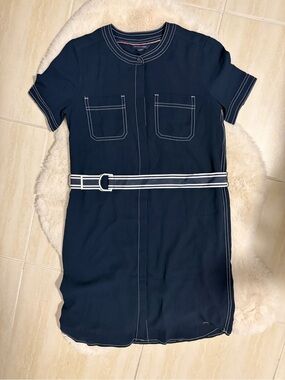 Tommy Hilfiger Navy Short-Sleeve Dress with Striped Belt - XS